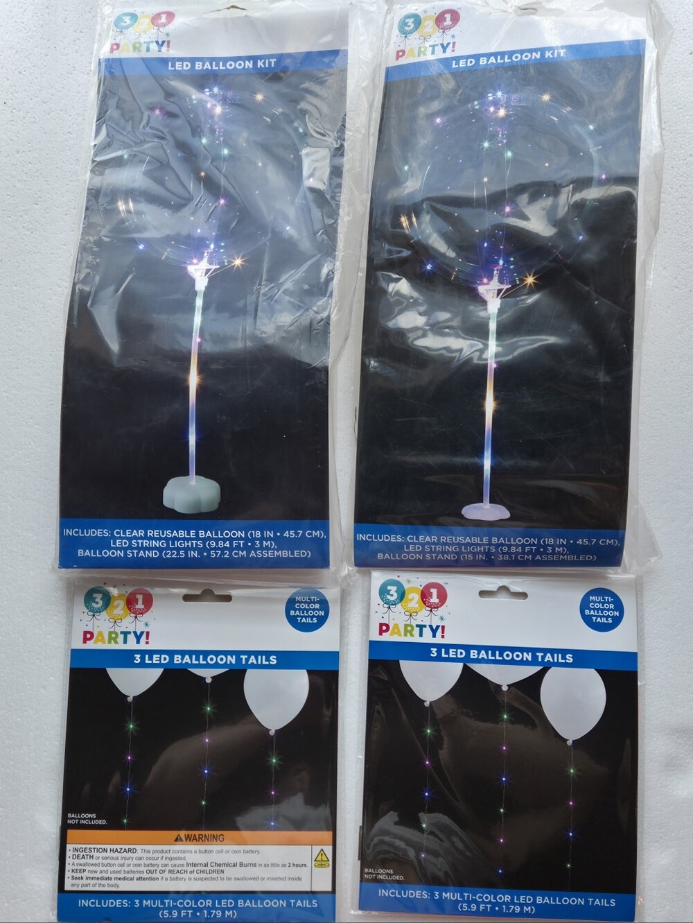 3 2 1 Party LED Light Up Balloon Kits and Multicolor Balloon Tails Set of 4